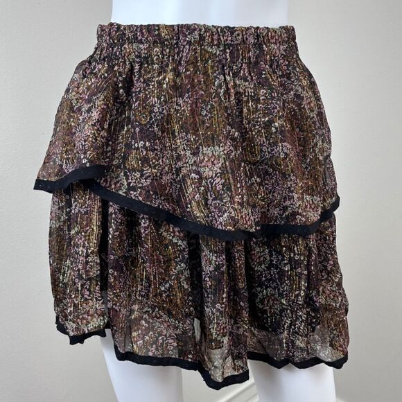 Allison Women Size L Black Tiered Floral Pull On Metallic Mini NEW Skirt Peasant - Picture 9 of 13